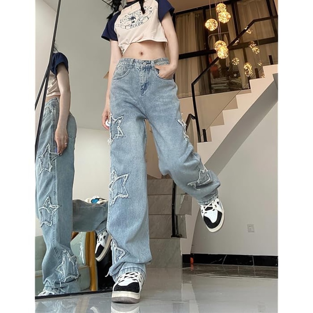 Women Loose Fit Boyfriend Jeans Baggy Y2K Straight Leg Star Patchwork Size Small